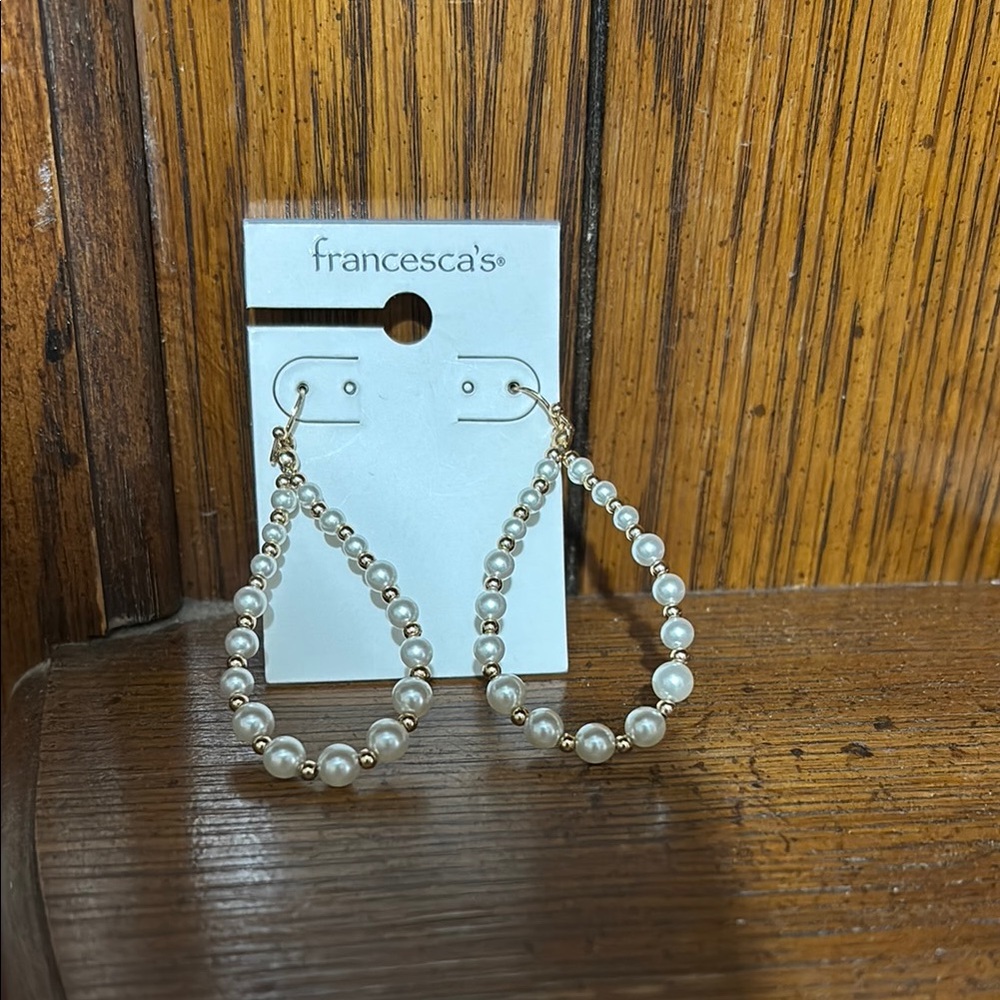 Francesca's Collections Gold and White Beaded Hoop Earrings
